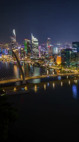 Aerial Time-lapse of Ho Chi Minh City Skyline at Night, Vietnam