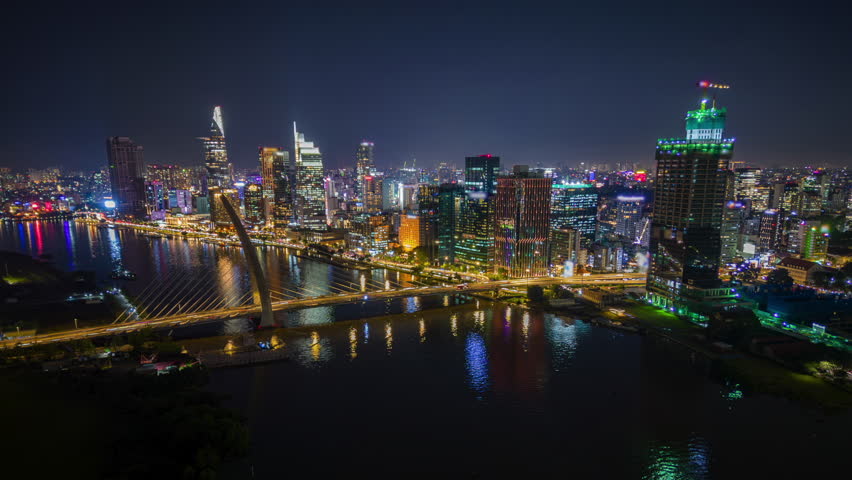 Aerial Time-lapse of Ho Chi Minh City Skyline at Night, Vietnam