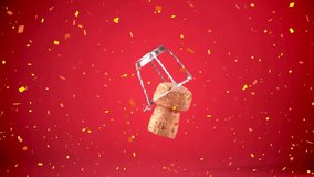 Animation of confetti over champagne cork on red background. New years eve, party, festivity, celebration and tradition concept digitally generated video. - Powered by Shutterstock - Get 15% off with code: PIKWIZARD15