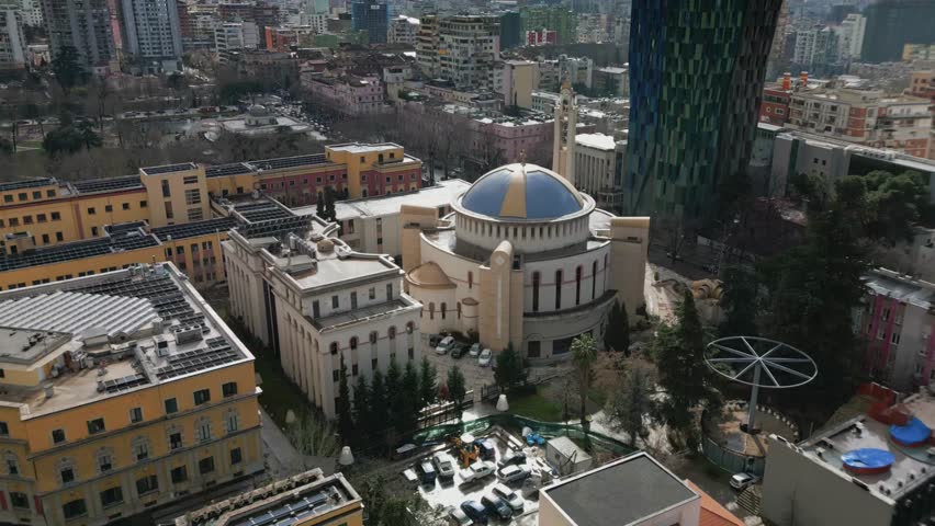 Aerial View of Tirana, Albania's Capital City. Tirana's city center, highlighting Skanderbeg Plaza, Et'hem Bey Mosque, and Skanderbeg monument.