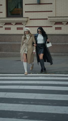 Elegant women cross street in fashionable autumn costumes. Businesswoman concept.