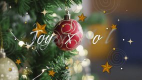 Animation of joyeux noel text over christmas tree and stars. Christmas and celebration concept digitally generated video. - Powered by Shutterstock - Get 15% off with code: PIKWIZARD15