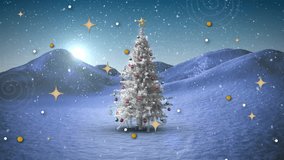 Animation of feliz navidad text over snow falling and christmas tree. Christmas and celebration concept digitally generated video. - Powered by Shutterstock - Get 15% off with code: PIKWIZARD15