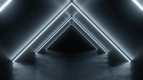 A dark, minimalist corridor with triangular shapes formed by glowing neon lights. The floor is reflective, enhancing the futuristic atmosphere. 4k looping seamless animation 60 fps - Powered by Shutterstock - Get 15% off with code: PIKWIZARD15
