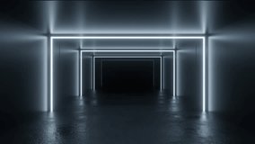 A futuristic, dark corridor with glowing white neon lights outlining the walls and ceiling, creating a tunnel-like effect camera pan animation seamless 4k 60fps - Powered by Shutterstock - Get 15% off with code: PIKWIZARD15