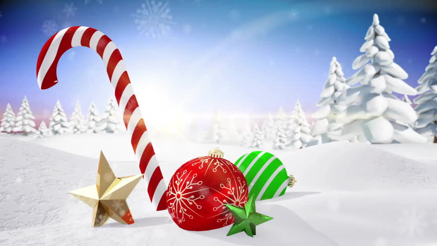 Christmas decorations with candy cane and ornaments over snowy landscape animation. holiday, festive, winter, scene, celebration