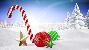 Christmas decorations with candy cane and ornaments over snowy landscape animation. holiday, festive, winter, scene, celebration - Powered by Shutterstock - Get 15% off with code: PIKWIZARD15