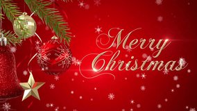 Merry Christmas text animation over red background with ornaments and snowflakes. Holidays, celebration, festive, season, greeting, decorative - Powered by Shutterstock - Get 15% off with code: PIKWIZARD15