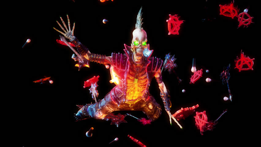 Punk Skeleton VJ Loop – stylized punk rock skeleton with spiky bones on the head and punkish outfit moving on the beat in seamless loop. Use it in your next VJ thematic sets, metal and gothic festival