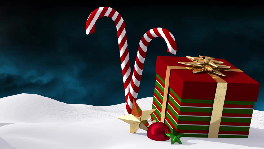 Christmas decorations with candy canes and gift box over snowflakes animation. holiday, festive, gifts, winter