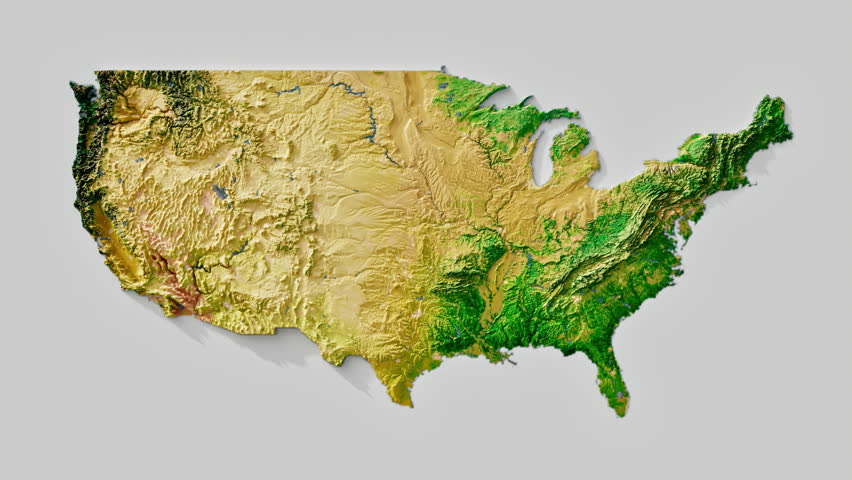 Layered view of a detailed topographic map of the USA.  Height, mountains, plains, rivers, and natural landscapes.  Textures from the NASA website.