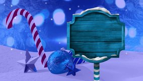 Empty wooden sign with snowflakes animation over Christmas decorations background. festive, holiday - Powered by Shutterstock - Get 15% off with code: PIKWIZARD15