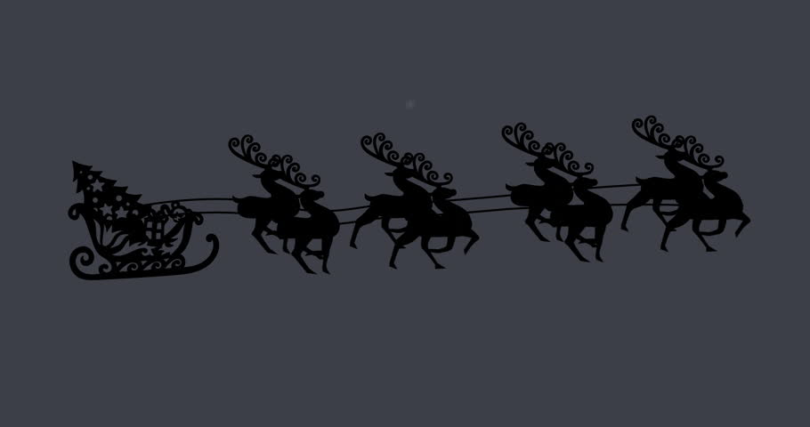 Santa sleigh and reindeer flying over snowy trees, Christmas animation. holiday, festive, winter, magical