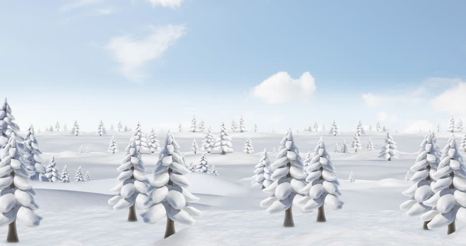 Flying over snowy landscape, Santa sleigh and reindeer with falling snowflakes. Christmas, holiday, winter, festive, magic