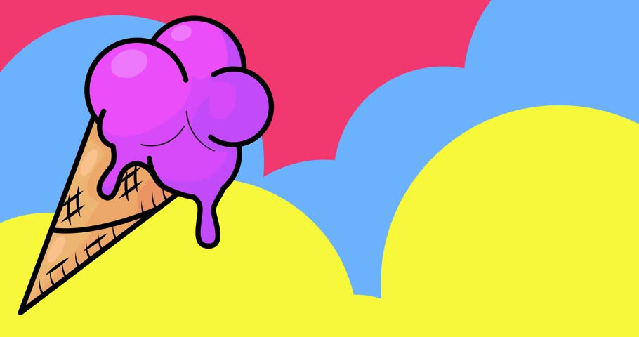 Ice Cream with Shopping text. Colorful animated summer sweet food cartoon. 4k resolution animation, moving image.