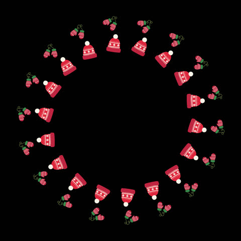 Christmas animated circle rotating double colorful hat and mittens gloves motion graphic for holiday. Festive flat illustrations. Use subtle moving animation in video editor to accent enhance project