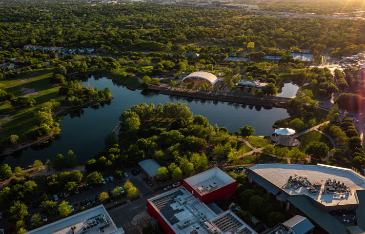 5K+ Aerial Time-Lapse Revealing Downtown Austin Sunset From Mueller Lake Park, Texas