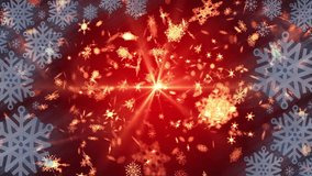 Snowflakes and glowing particles animation over red background with light burst. Winter, holiday, festive, sparkling, twinkle, shimmer - Powered by Shutterstock - Get 15% off with code: PIKWIZARD15