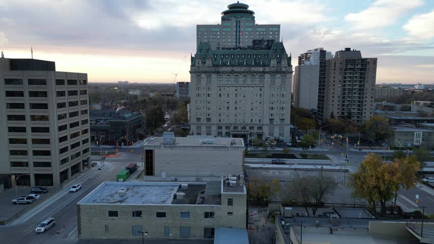 Downtown Winnipeg and Fort Garry Hotel on Fall Morning