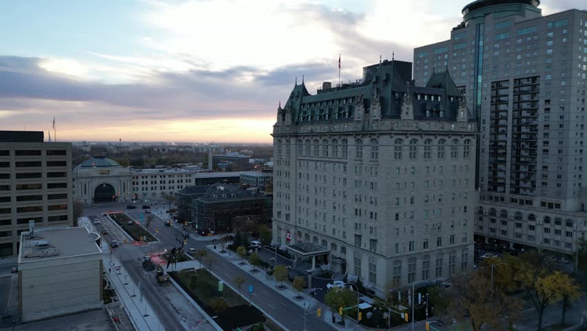 Downtown Winnipeg and Fort Garry Hotel on Fall Morning