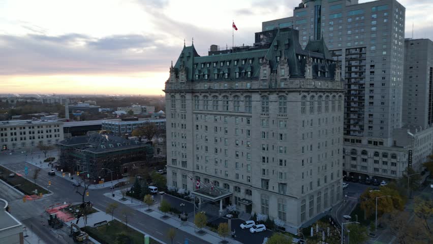 Downtown Winnipeg and Fort Garry Hotel on Fall Morning