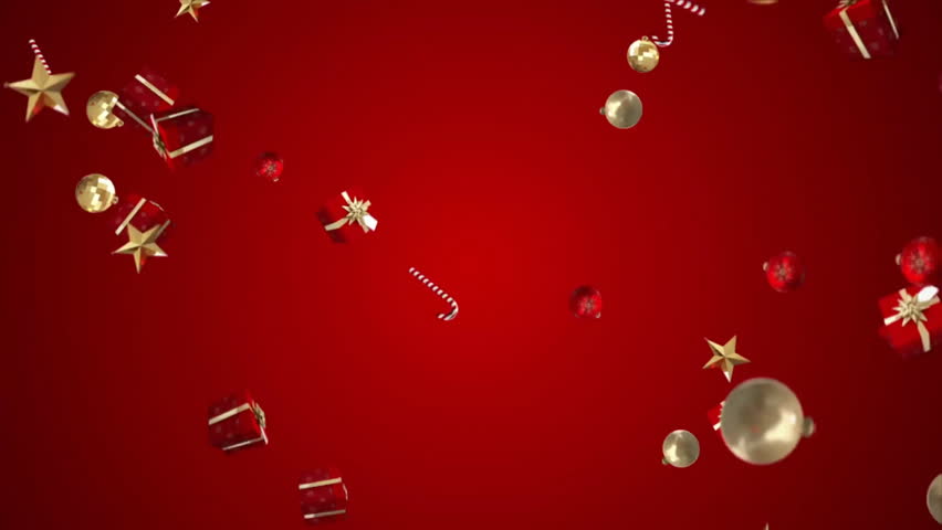 Christmas decorations animation with gifts and candy canes on red background. Holidays, festive, ornaments, celebration, seasonal, winter
