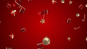 Christmas decorations animation with gifts and candy canes on red background. Holidays, festive, ornaments, celebration, seasonal, winter - Powered by Shutterstock - Get 15% off with code: PIKWIZARD15