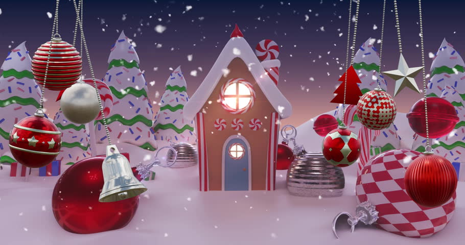 Animation of snow falling over christmas decorations baubles and winter scenery. Christmas, festivity, celebration and tradition concept digitally generated video.