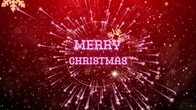 Animated Christmas greeting with "Merry Christmas" text glowing in pink, surrounded by twinkling stars, sparkling snowflakes, and dynamic light bursts on a festive red background. - Powered by Shutterstock - Get 15% off with code: PIKWIZARD15