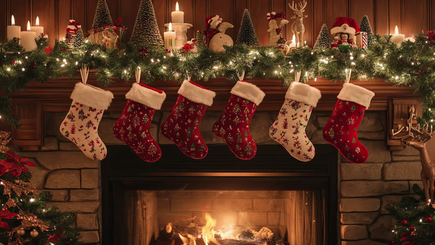 Christmas socks are hanging over the fireplace, a fire is burning in the fireplace. A warm Christmas atmosphere. Christmas background.