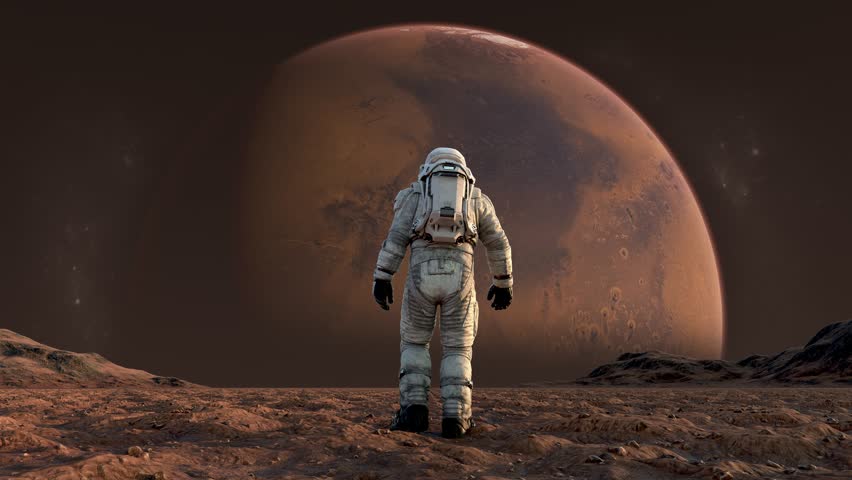 Astronaut in Spacesuit on Mars Planet in Space on Red Background. Spaceman Exploring Surface Mars in Expedition. 3d Animation Walking Man Cosmos Footage. Unrecognizable Cosmonaut Futuristic Journey 4k