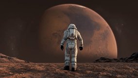 Astronaut in Spacesuit on Mars Planet in Space on Red Background. Spaceman Exploring Surface Mars in Expedition. 3d Animation Walking Man Cosmos Footage. Unrecognizable Cosmonaut Futuristic Journey 4k - Powered by Shutterstock - Get 15% off with code: PIKWIZARD15