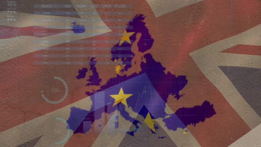 Animation of financial data processing and flag of european union and great britain. Brexit, european finance, business, connections, computing and data processing concept digitally generated video. - Powered by Shutterstock - Get 15% off with code: PIKWIZARD15