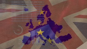 Animation of financial data processing and flag of european union and great britain. Brexit, european finance, business, connections, computing and data processing concept digitally generated video. - Powered by Shutterstock - Get 15% off with code: PIKWIZARD15