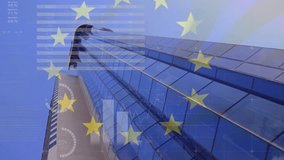 Animation of financial data processing and flag of european union over office building. European finance, business, connections, computing and data processing concept digitally generated video. - Powered by Shutterstock - Get 15% off with code: PIKWIZARD15