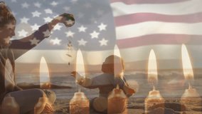 Animation of american flag and candles over caucasian mother and child playing on beach. America, motherhood, childhood, vacations, celebration and patriotism, digitally generated video. - Powered by Shutterstock - Get 15% off with code: PIKWIZARD15