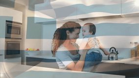 Animation of greek flag over caucasian mother playing with child in kitchen. Greece, motherhood, childhood, togetherness, domestic life and patriotism, digitally generated video. - Powered by Shutterstock - Get 15% off with code: PIKWIZARD15