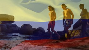 Animation of colombian flag over diverse friends running on sunny beach. Colombia, friendship, summer, travel, togetherness, vacations and patriotism, digitally generated video. - Powered by Shutterstock - Get 15% off with code: PIKWIZARD15