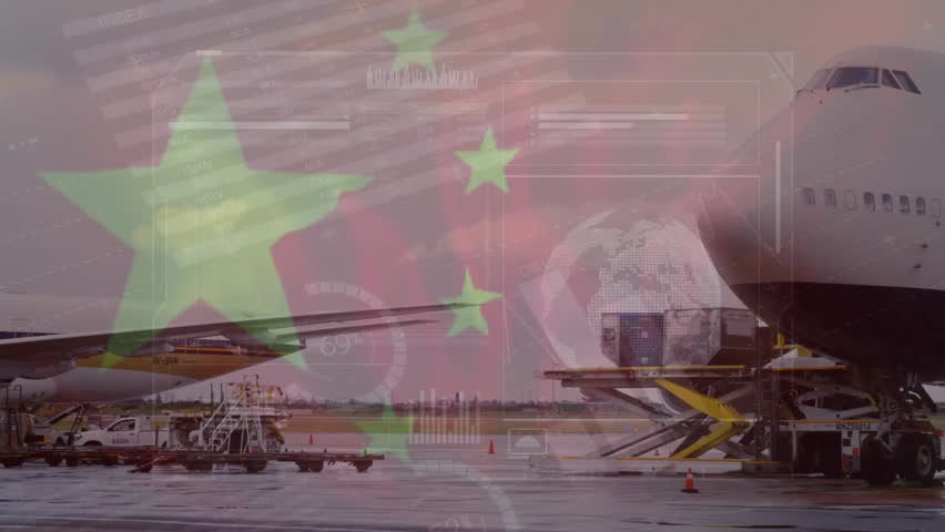 Animation of data processing and flag of china over planes at airport. Global transport and digital interface concept, digitally generated video. - Powered by Shutterstock - Get 15% off with code: PIKWIZARD15