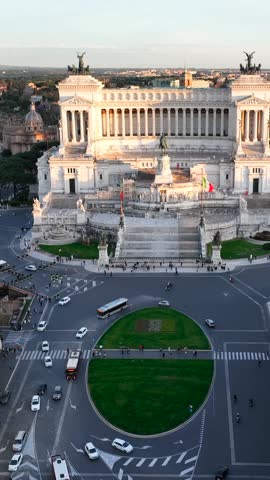 Panoramic view of Piazza Venezia and the Altar of the Fatherland in Rome, Italy.
Aerial drone shot of the center of the square.