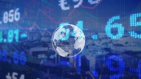 Animation of data processing and globe over stock market and cityscape. Global business, technology and digital interface concept, digitally generated video. - Powered by Shutterstock - Get 15% off with code: PIKWIZARD15