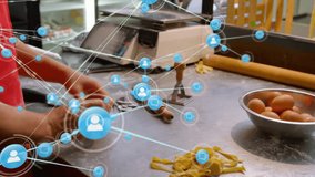 Animation of network of connections over caucasian female chef making pasta. Global business, food and digital interface concept, digitally generated video. - Powered by Shutterstock - Get 15% off with code: PIKWIZARD15