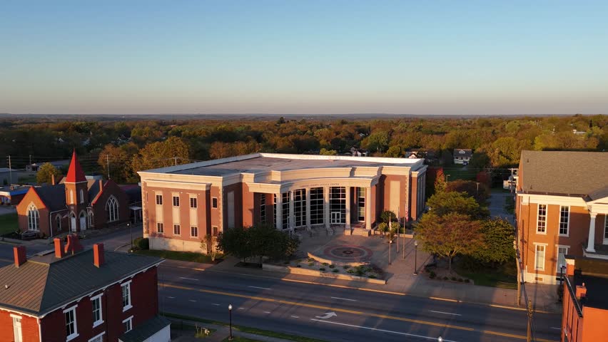 Aerial view of approaching Garrard county judicial center in the small American city of Lancaster, Kentucky