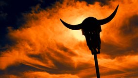 Time Lapse, Cow skull, propped on stick, creates eerie, spooky, creepy visual as fiery sky seeps through cracks in skeleton, eye sockets. 1080p - Powered by Shutterstock - Get 15% off with code: PIKWIZARD15