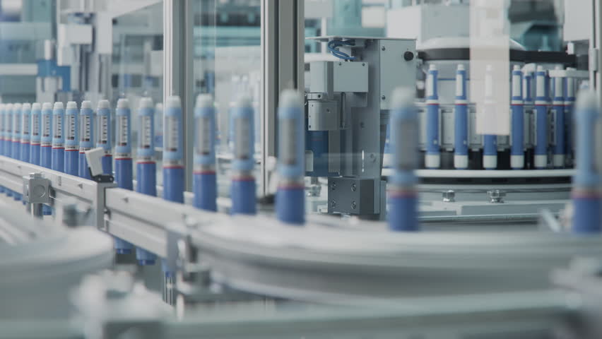 Insulin Injection Pens on Conveyor Line at Modern Pharmaceutical Factory. Weight Loss Medication Manufacturing. Medicinal Drug Production Plant.