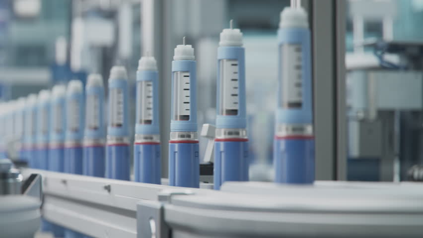 Close-up Weight Loss Medication on Conveyor Line during Production Process at Modern Pharmaceutical Factory. Insulin Injection Pens Manufacturing. Medicinal Drug Production Plant.