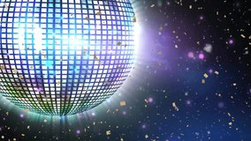 Animation of disco ball spinning over confetti on black background. Party and celebration concept, digitally generated video. - Powered by Shutterstock - Get 15% off with code: PIKWIZARD15