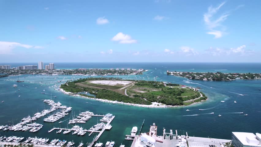 An aerial footage of the Peanut Island at the mouth of the Lake Worth Inlet in Palm Beach County, Florida, United States, on a sunny day