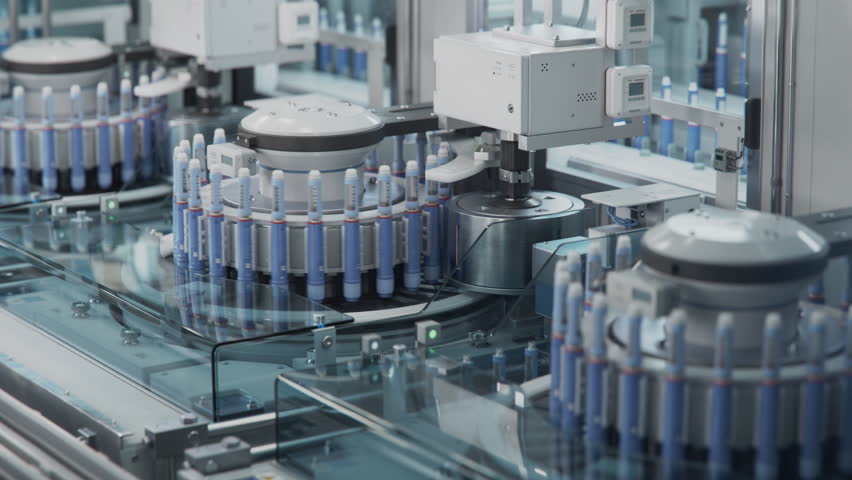 Insulin Injection Pens on Production Line during Production Process at Modern Pharmaceutical Factory. Weight Loss Medication Manufacturing. Medicinal Drug Production Plant.