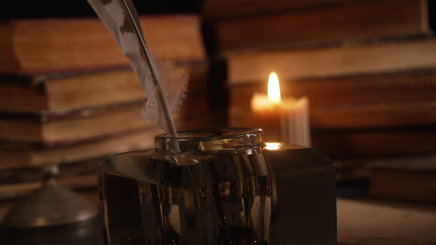 Writer Man Finished Letter Or Manuscript. Gentleman Hand Dips Feather Quill Pen